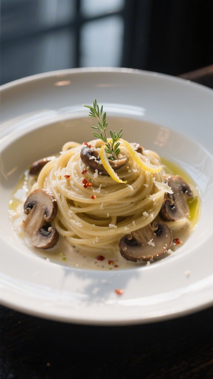 Final plated beauty – Restaurant-style presentation of creamy mushroom pasta: a single elegant twi