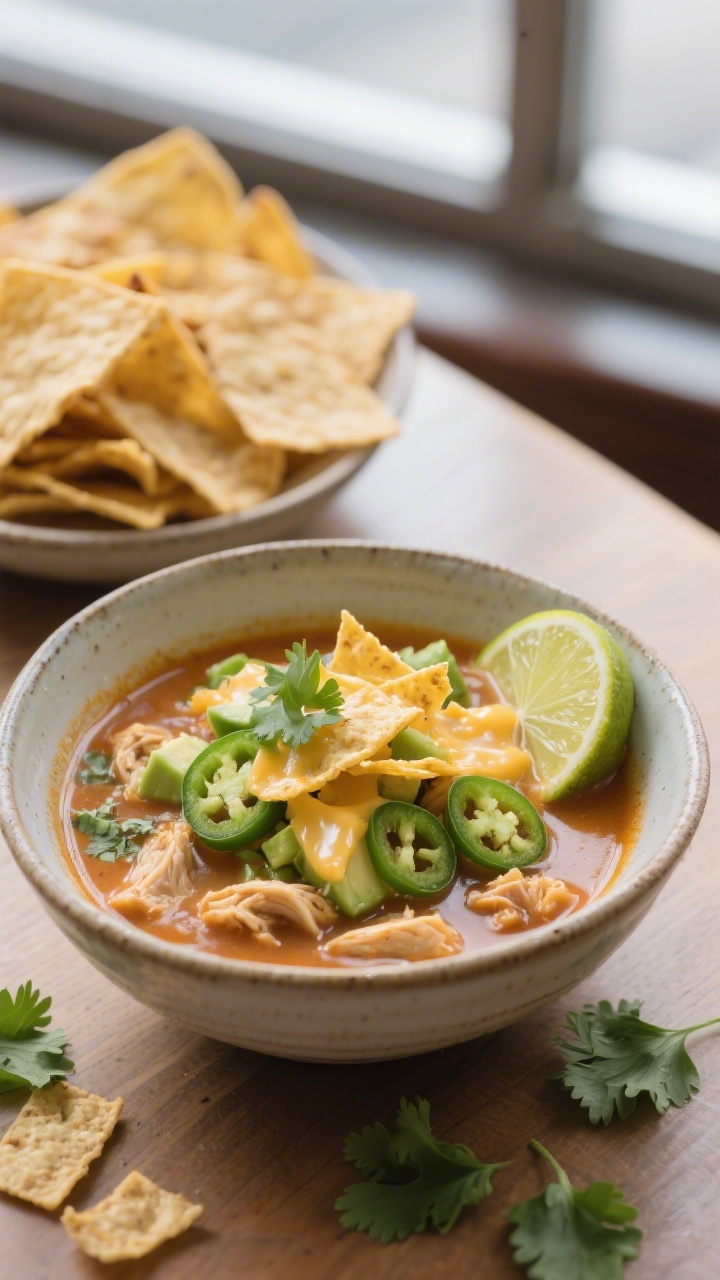 Final plated bowl, : A ceramic bowl of chicken tortilla soup finished with a squeeze of lime and fre