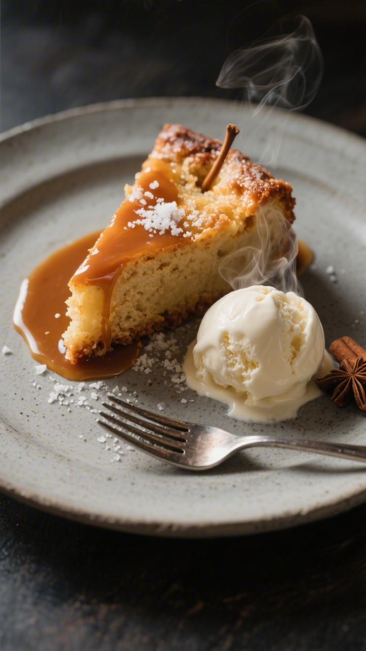 Final plated dessert: Beautifully plated warm apple cake wedge served with a glossy drizzle of caram
