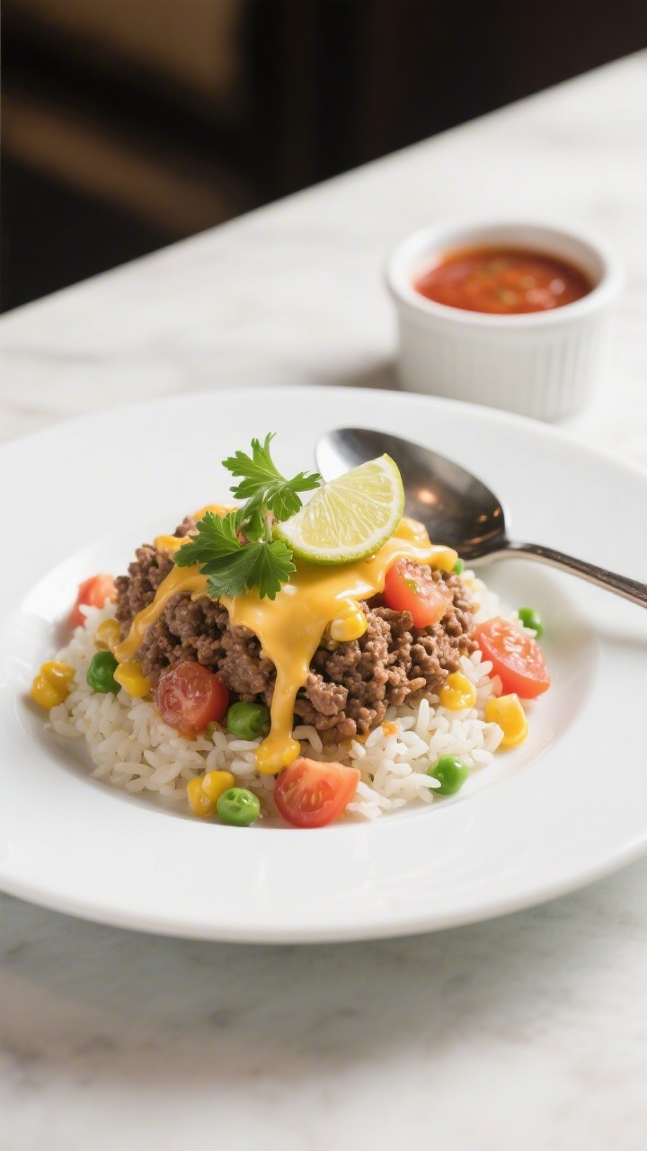 Final plated dish — Beautifully plated scoop of the ground beef and rice on a wide white dinner pl