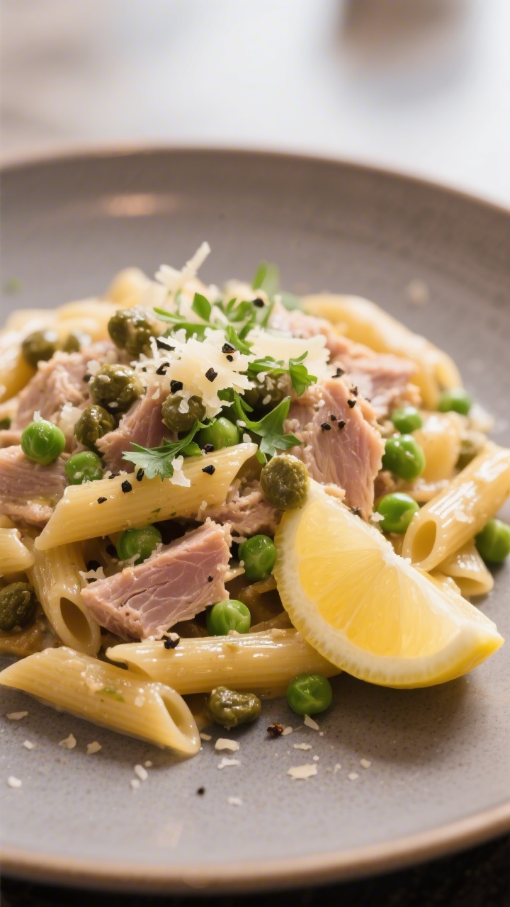 Final plated dish beauty: Restaurant-style presentation of penne tuna pasta on a warm grey ceramic p