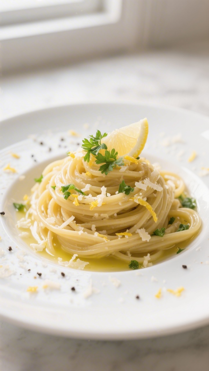 Final plated dish — Garlic butter pasta finished with lemon zest, parmesan, and parsley: beautiful