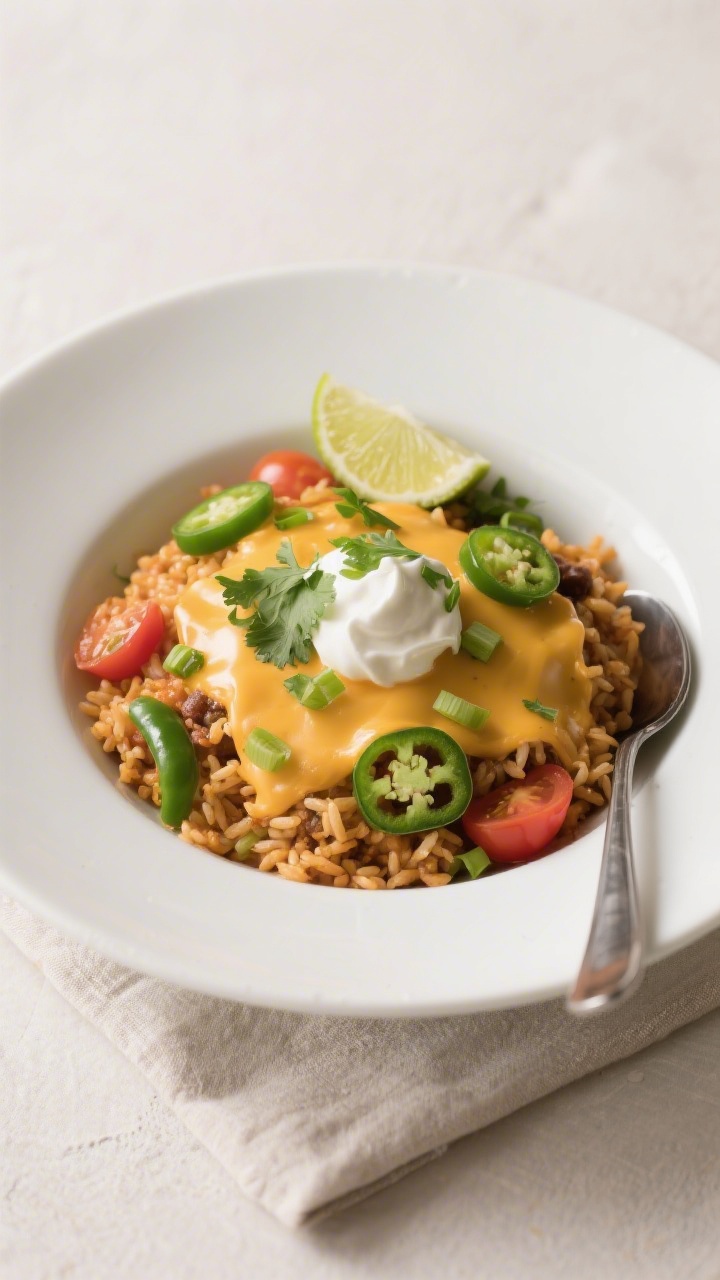 Final plated dish — Restaurant-quality bowl: Beautifully plated serving of Mexican Taco Rice in a