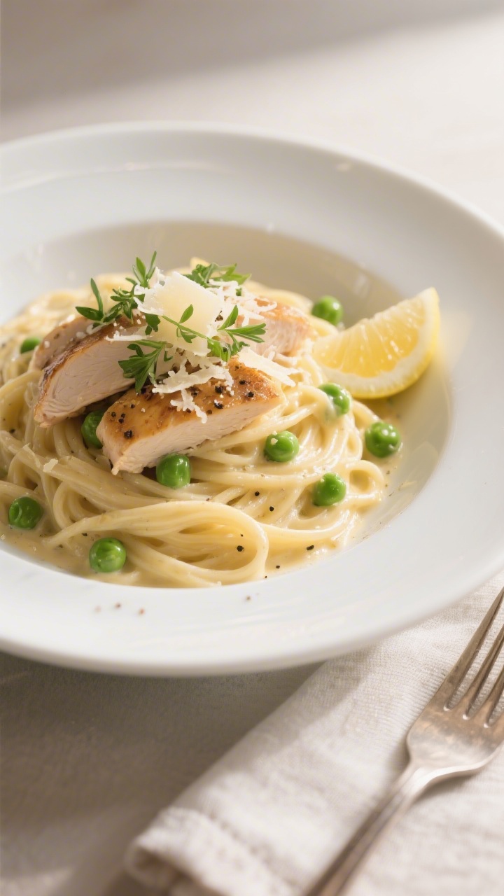 Final plated dish: Restaurant-quality plate of Chicken Alfredo twirled high on a wide white bowl, to