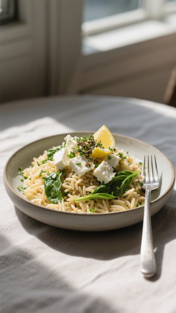 Final plated dish — Restaurant-quality presentation of Greek orzo salad mounded in a shallow matte