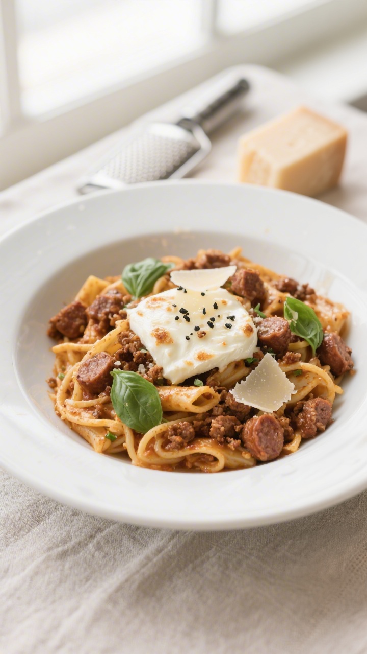 Final plated dish: Restaurant-quality presentation of the Italian Sausage Pasta Skillet served in a