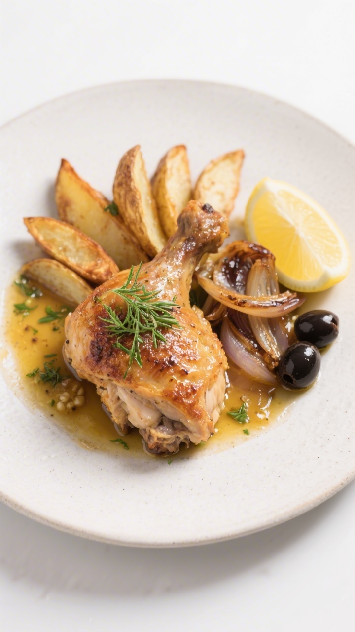 Final plated dish: Restaurant-quality single serving—one roasted chicken thigh, a fan of crisp-edg