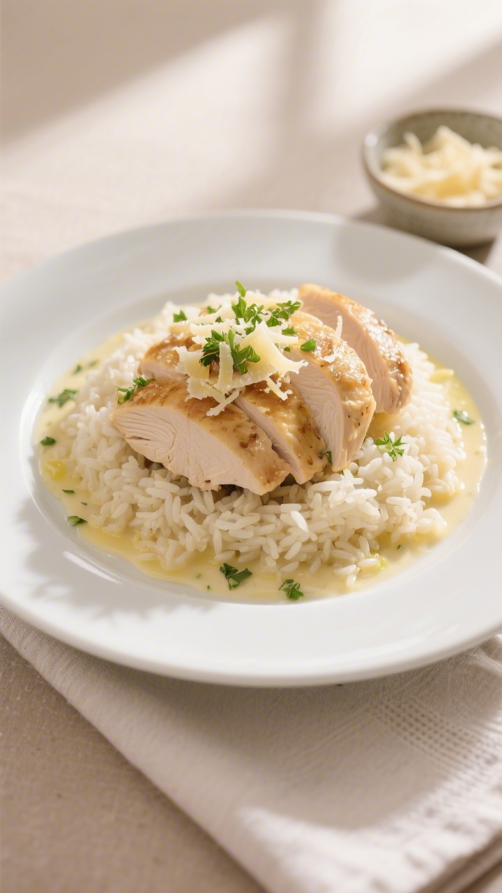 Final plated dish, restaurant style: Creamy garlic chicken and rice mounded on a wide white plate, c
