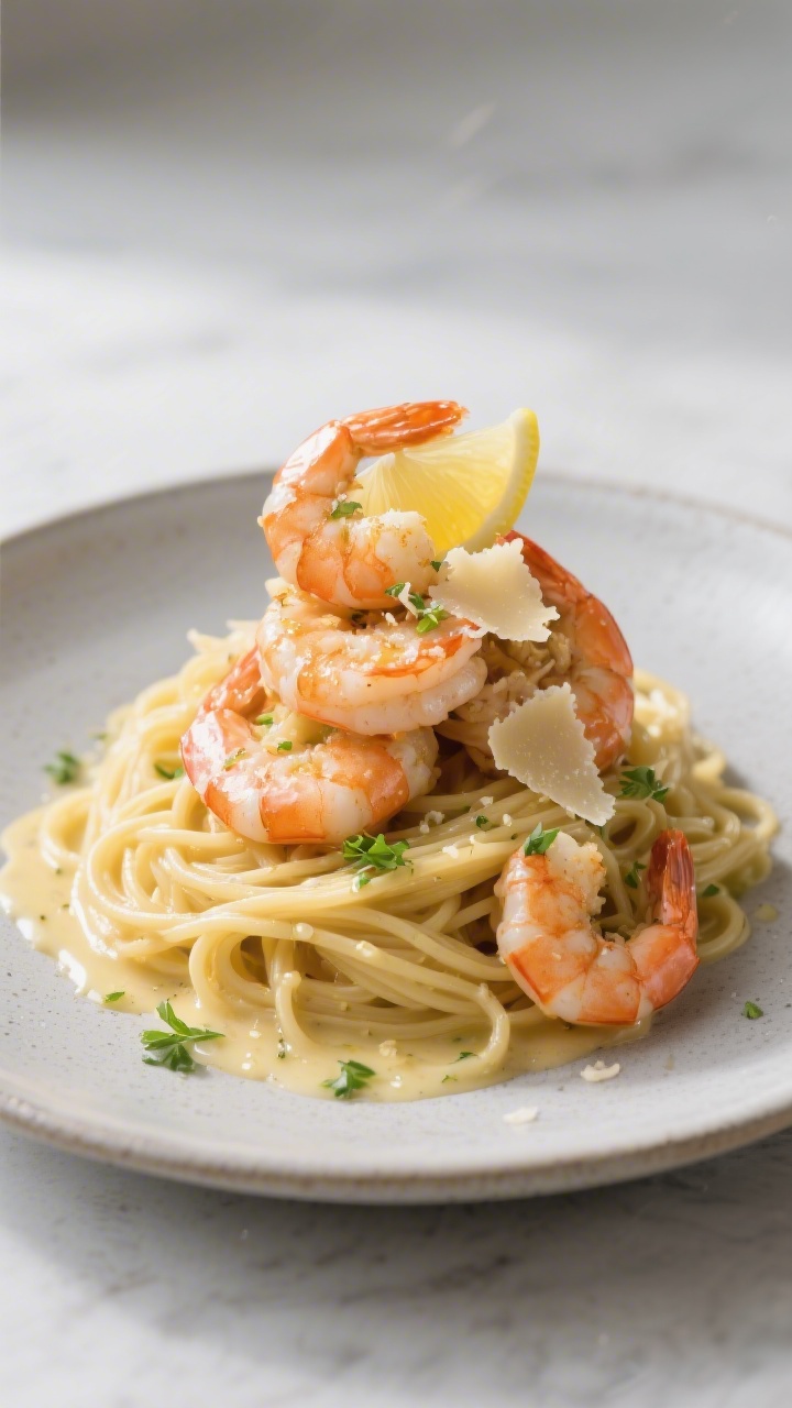 Final plated dish: Restaurant-style presentation of garlic butter shrimp linguine on a matte stonewa