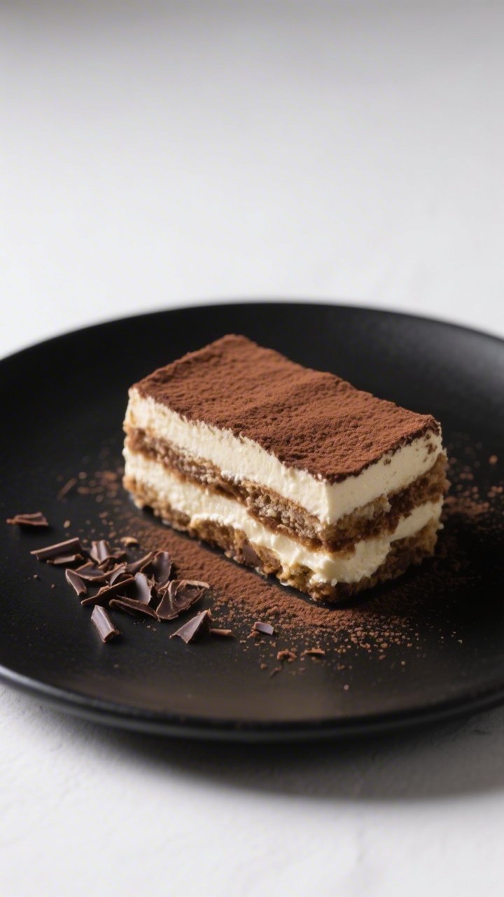 Final plated presentation: A single elegant portion of tiramisu on a matte black dessert plate, shar