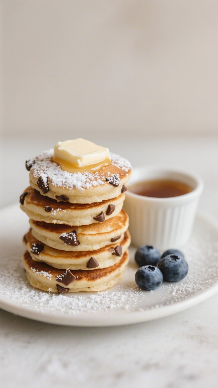 Final plated presentation: a small breakfast plate stacked with 6–8 chocolate chip pancake bites,
