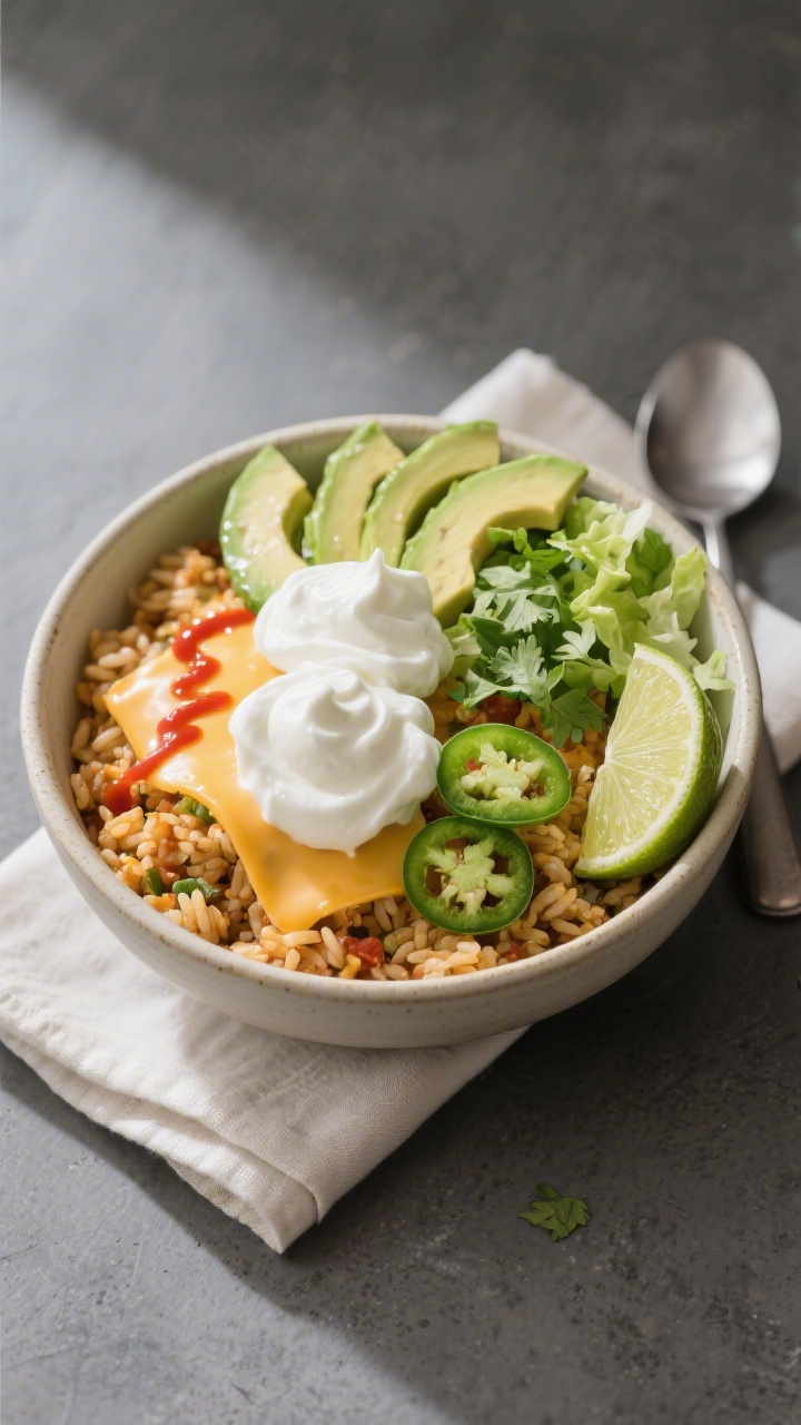 Final plated presentation: Restaurant-quality bowl of taco rice served hot, overhead hero shot; topp