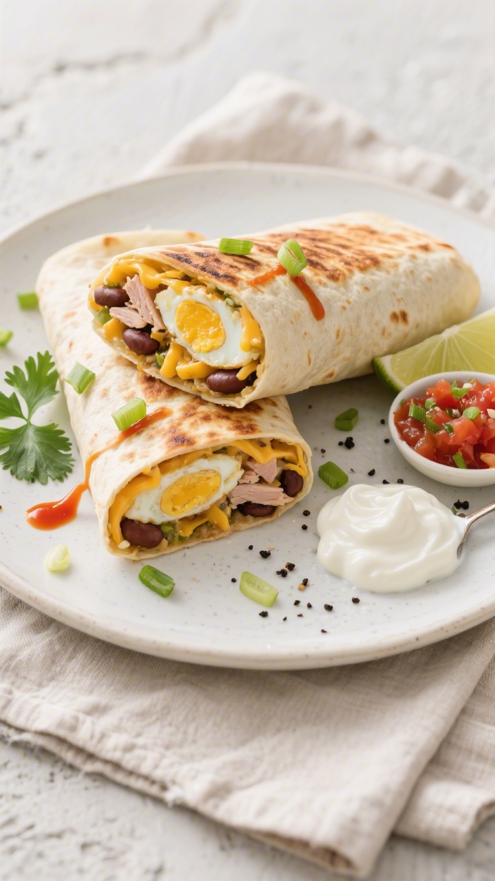Final plated presentation: Restaurant-quality burrito plate—one whole toasted burrito and one halv
