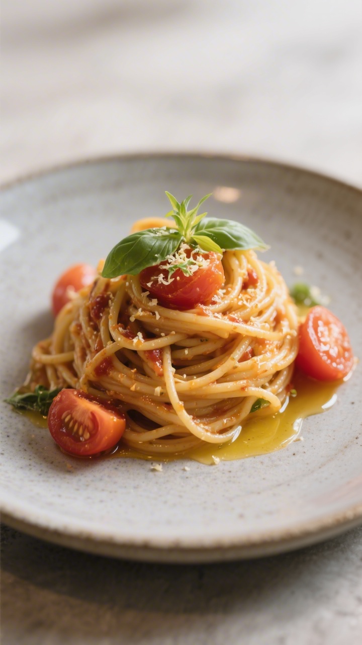 Final plated presentation — Restaurant-quality single serving: A composed plate of Caprese pasta t