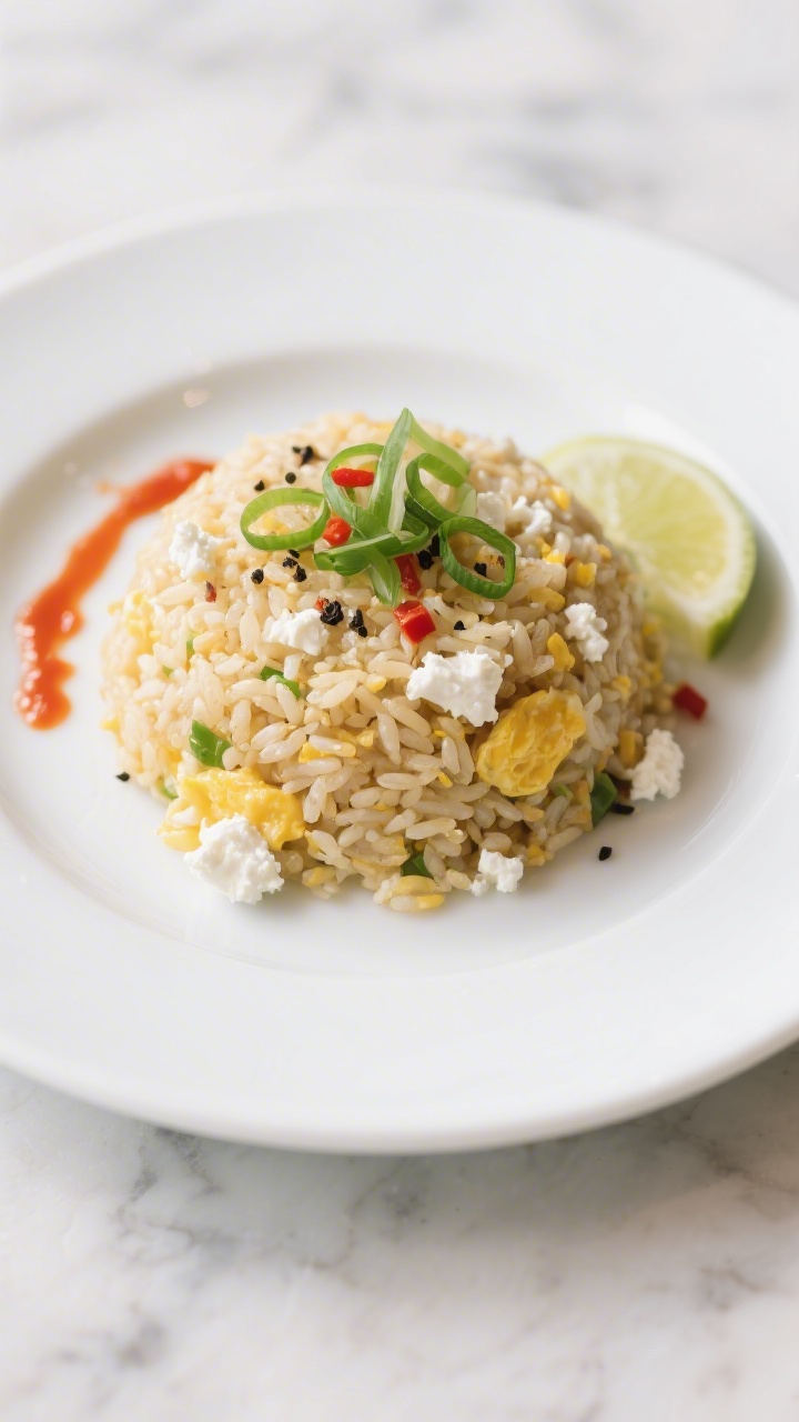 Final plated presentation: Restaurant-quality single serving of high-protein egg fried rice mounded