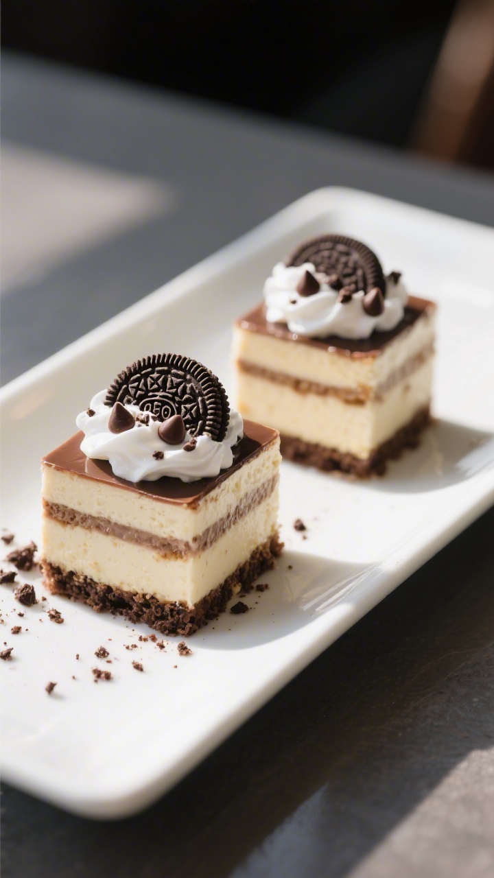 Final plated presentation: Two small dessert squares stacked slightly offset on a modern rectangular