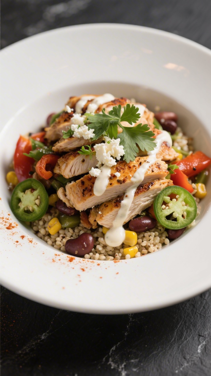 Final plated restaurant-quality presentation: Composed fajita bowl on quinoa base with beans and cor