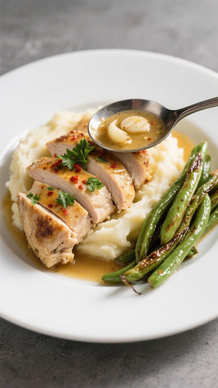 Final plated restaurant-quality presentation: Garlic Butter Chicken sliced on a bias over creamy mas