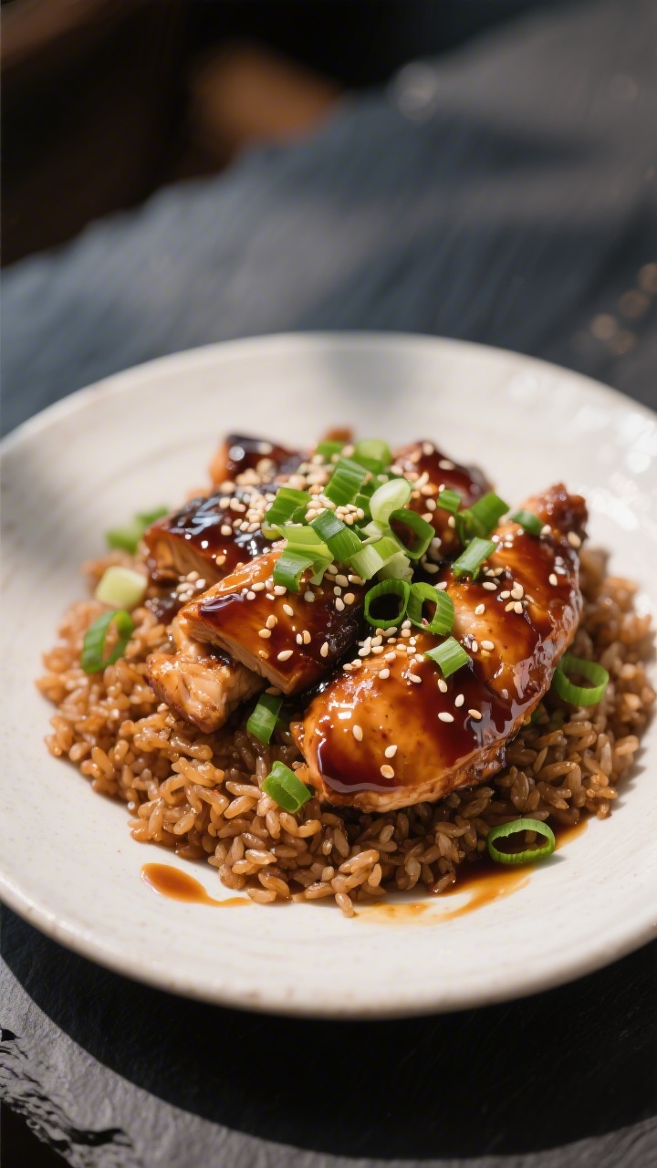 Final plated restaurant-quality presentation: teriyaki chicken rice bowl with extra glaze for sheen,
