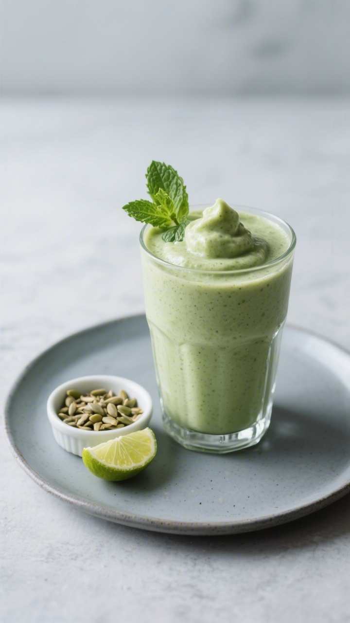 Final presentation: Café-style serving of the smoothie in a clear, modern highball glass on a matte