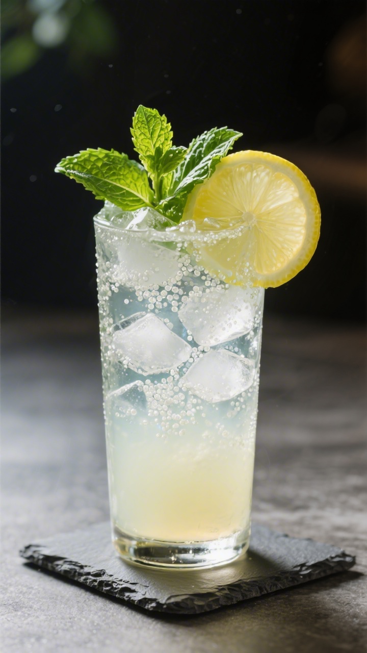 Final presentation glamor shot: Tall highball glass packed with pebble ice, filled with mint lemonad