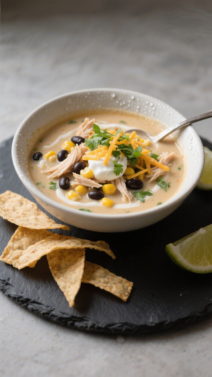 Final presentation — restaurant-quality plating: Three-quarter angle hero shot of a ladled bowl of