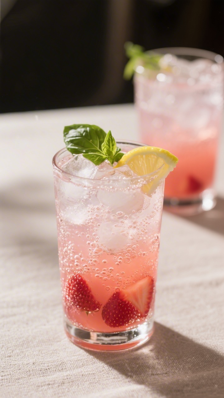 Final presentation: Restaurant-quality pour scene of sparkling strawberry lemonade variation in a ta