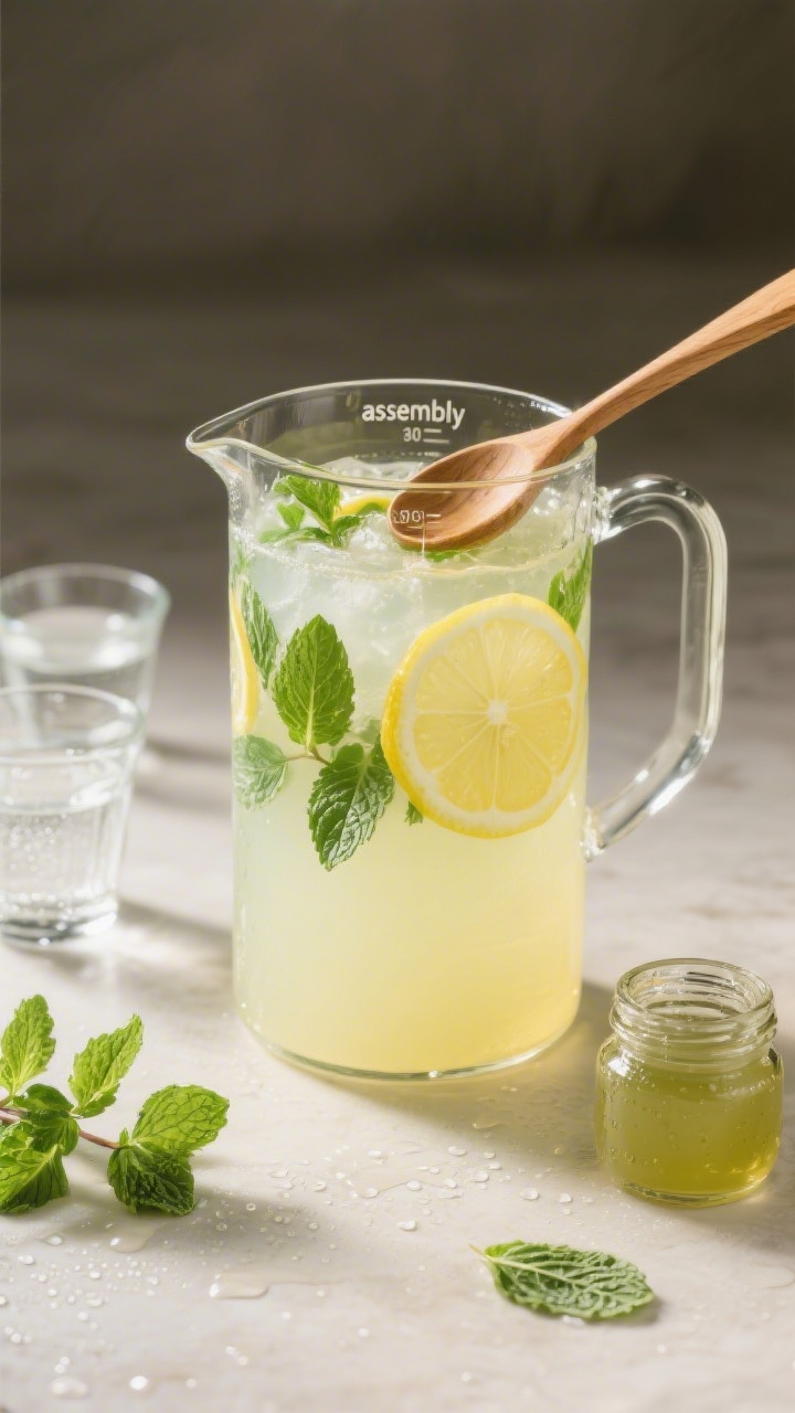 Overhead “assembly” shot: of a pitcher of prepared mint lemonade (pale, sunlit yellow) with ligh