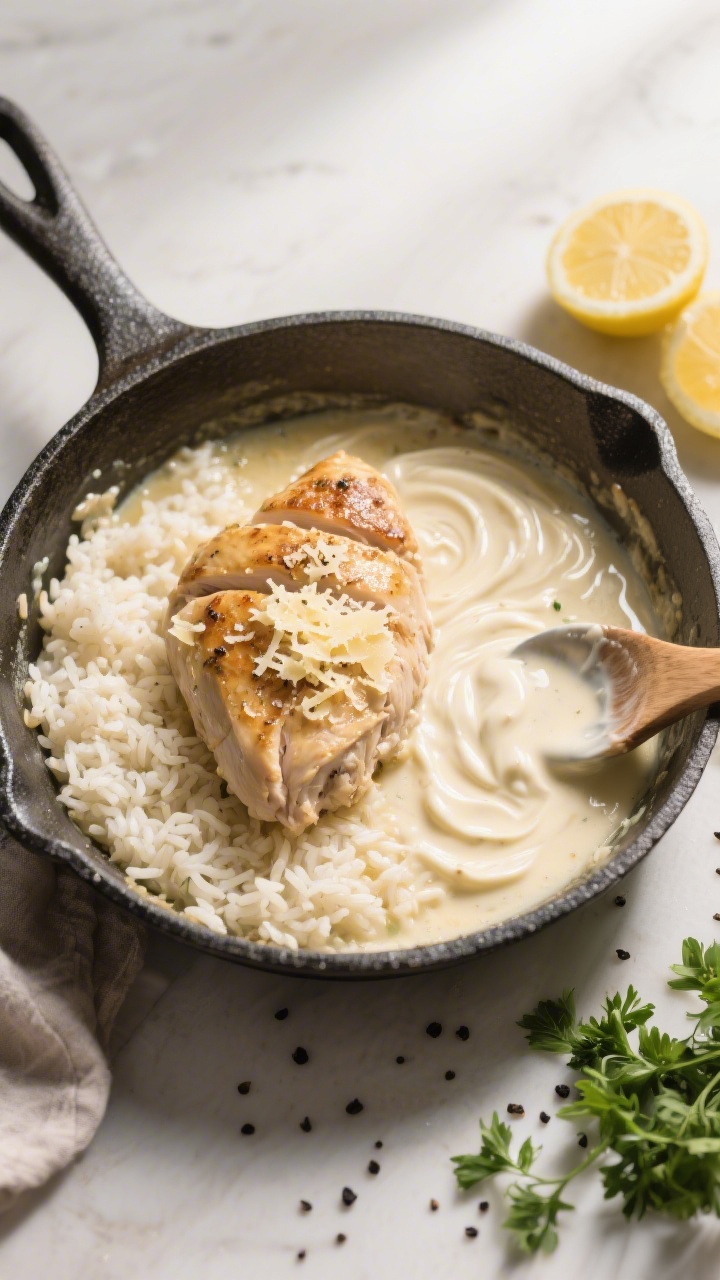 Overhead “one-pan” moment: Top-down shot of the skillet after simmering, tender chicken resting