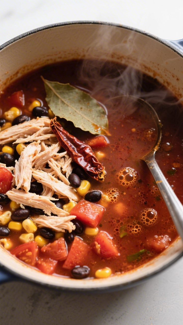 Overhead simmer scene: One-pot Mexican chicken tortilla soup at a gentle simmer—shredded chicken,