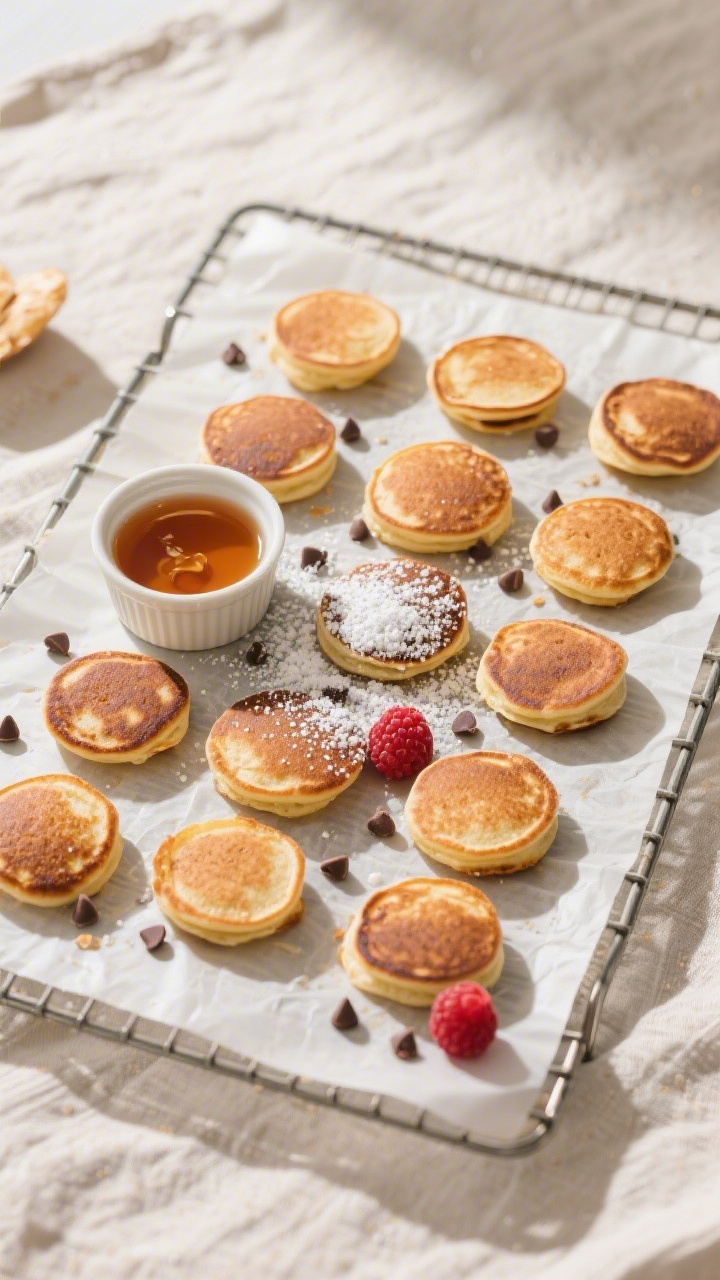 Overhead “tasty top view”: a parchment-lined cooling rack filled with evenly browned pancake bit