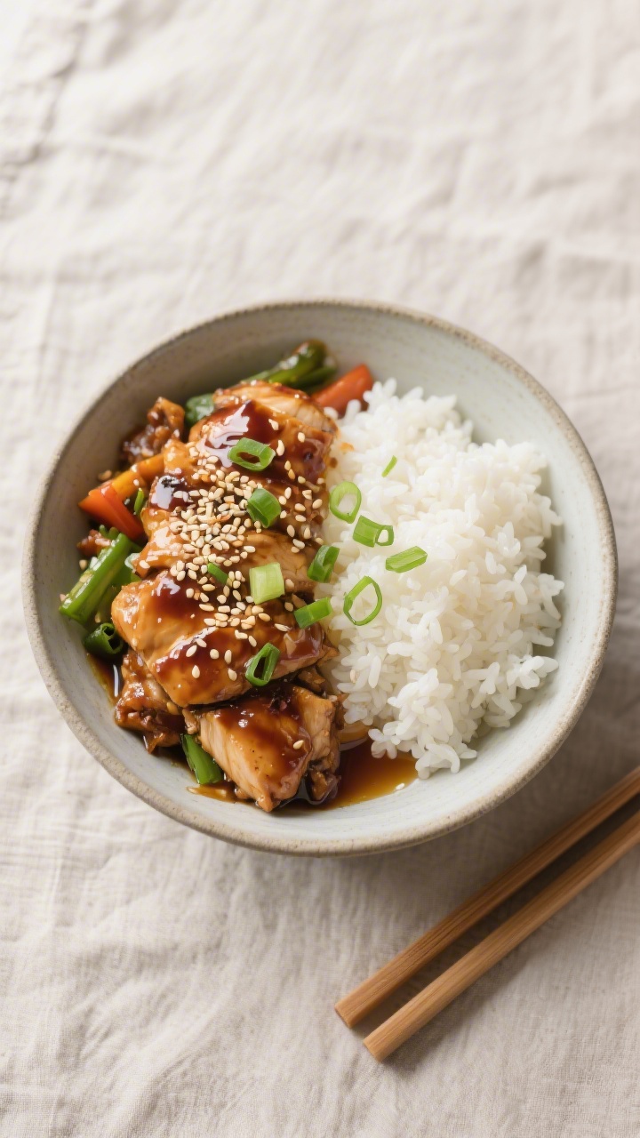 Overhead “tasty top view” of a finished teriyaki chicken rice bowl: fluffy white rice on one sid