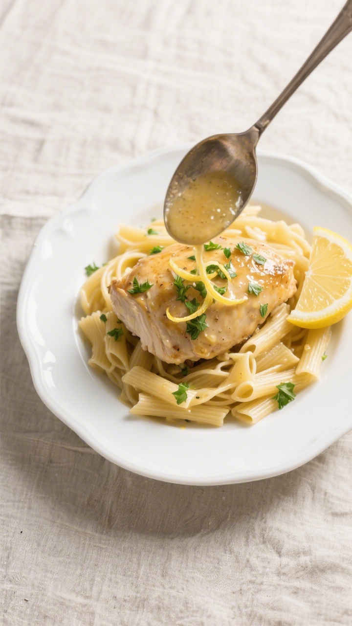 Overhead “tasty top view” of the finished Garlic Butter Chicken nestled over al dente buttered p