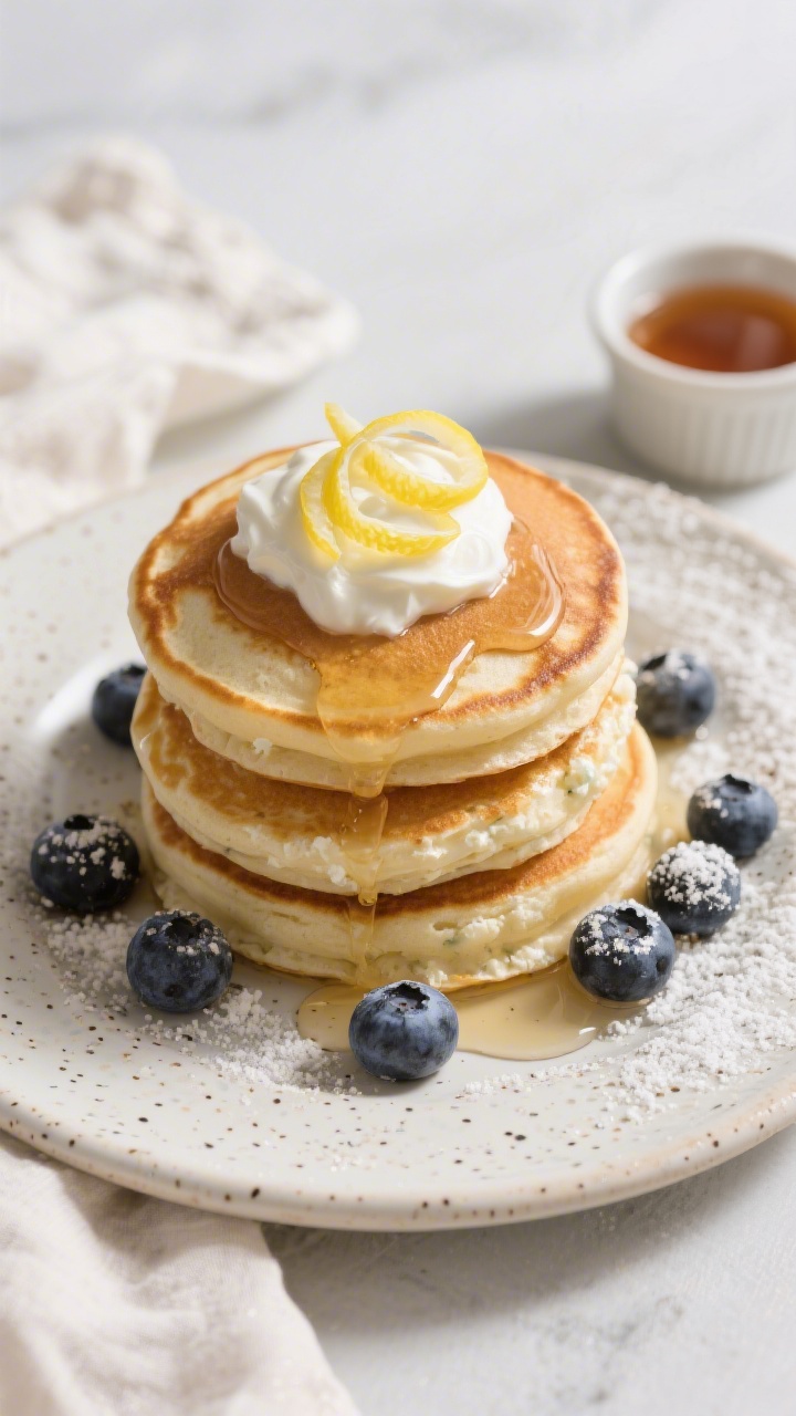 Overhead, tasty top-view shot of a brunch-ready plate: three lemon-blueberry cottage cheese pancakes