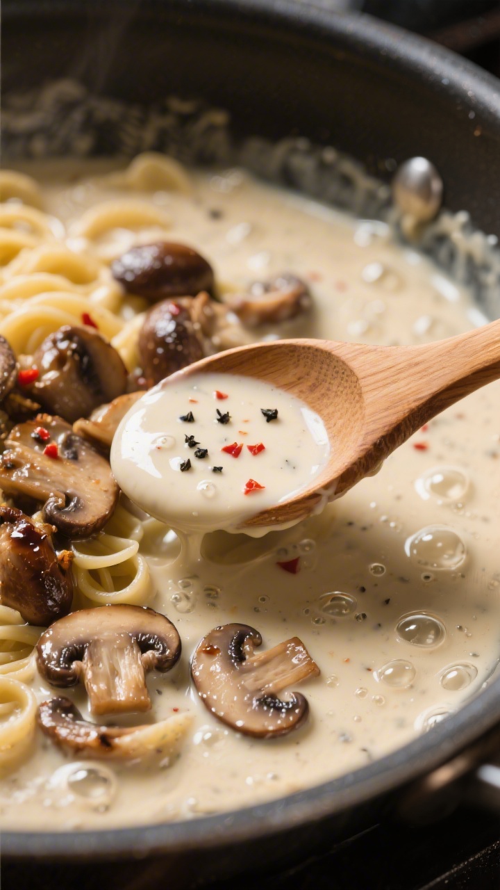 Sauce-building close-up – Creamy mushroom sauce simmering: returning the browned mushrooms to the 