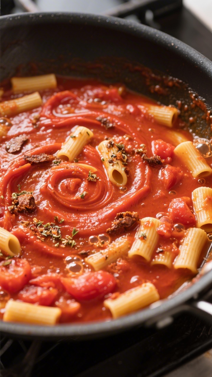 Sauce-building detail: Overhead shot of the skillet right after tomato paste has been toasted and st
