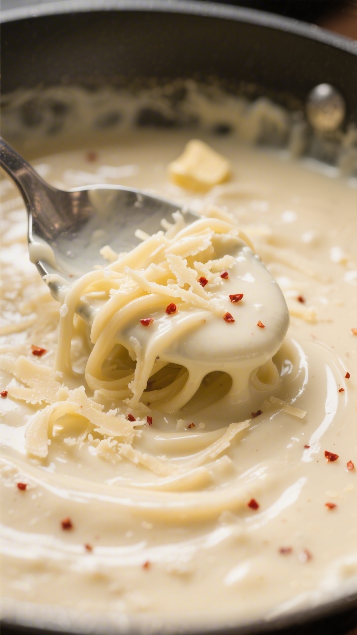 Sauce close-up detail: Silky Alfredo sauce being whisked in the same pan—butter-garlic roux blende