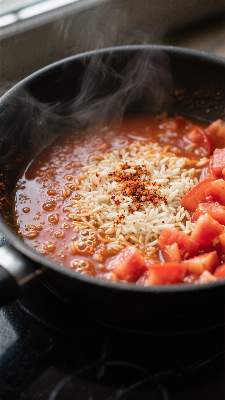 Simmer stage close-up — Overhead-to-45° shot of the skillet after broth, rice, and diced tomatoes