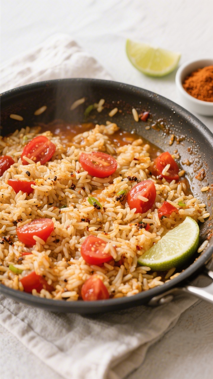 Simmer stage overhead: of the taco rice mid-cook with uncooked long-grain rice now plumped and tende