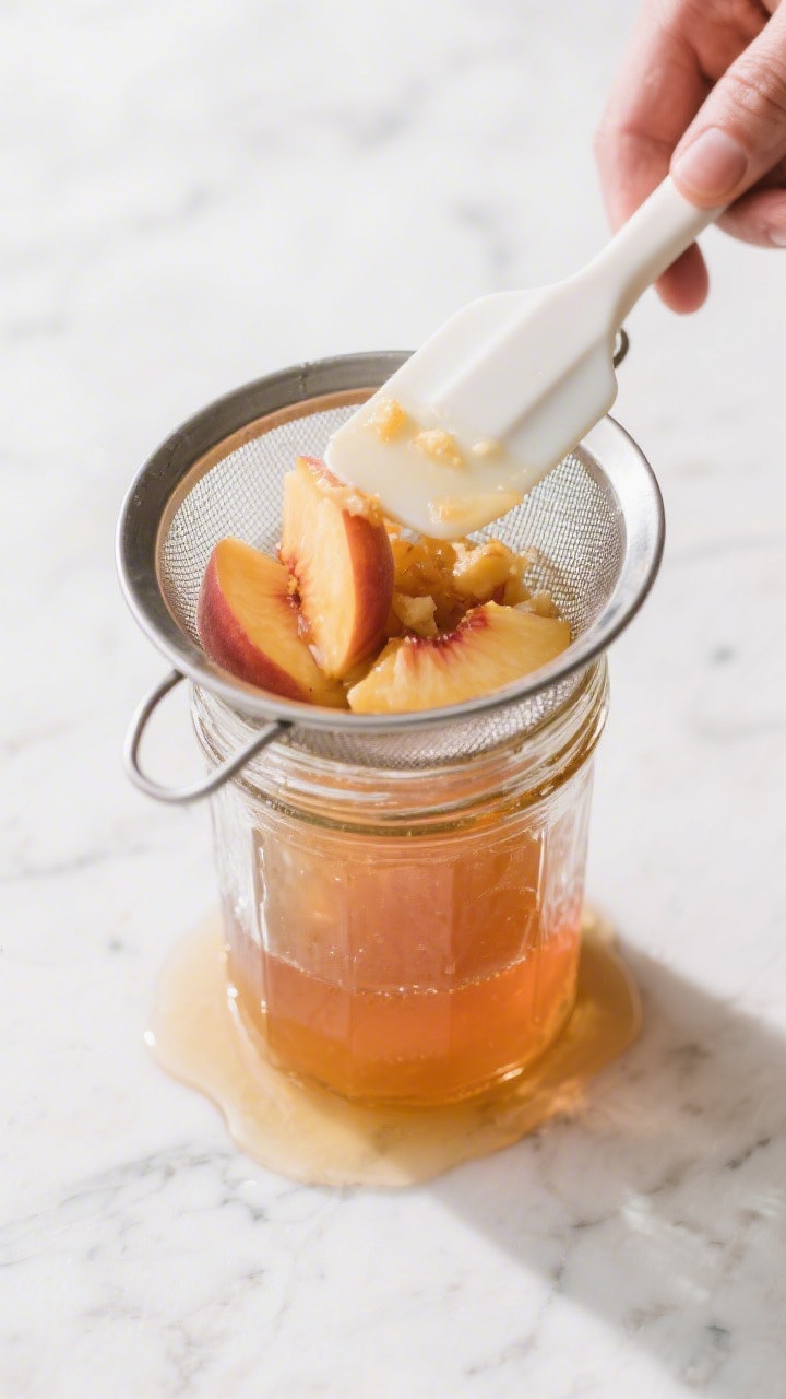Straining for clarity — extracting the syrup: Overhead shot of freshly cooked peach syrup being pr