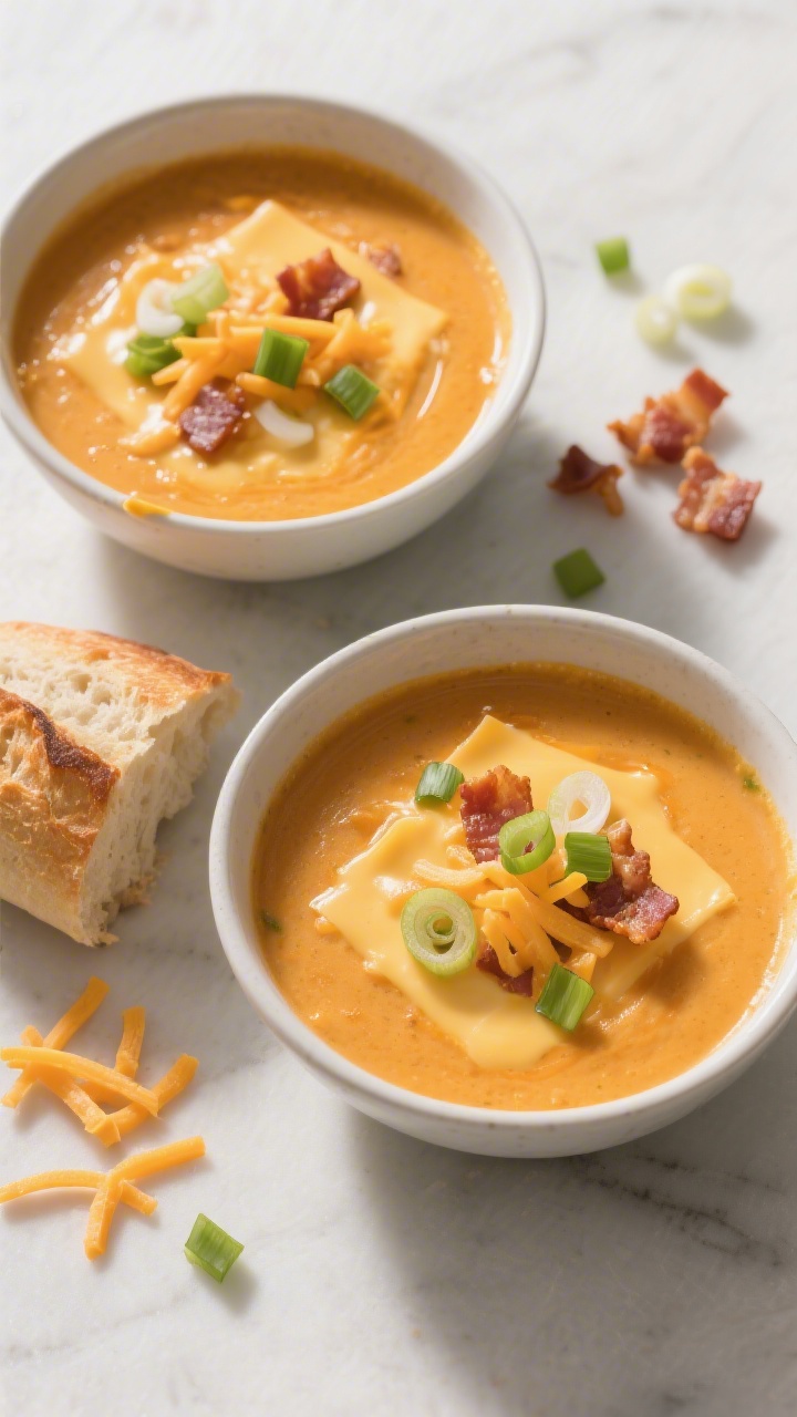 Tasty top view — cheese melt and garnish details: Overhead hero shot of two bowls of the finished 