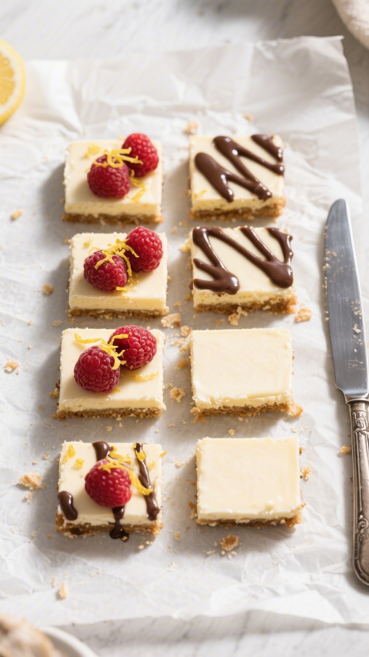Tasty top view: Chilled cheesecake bars sliced cleanly into neat squares, arranged in a grid on parc
