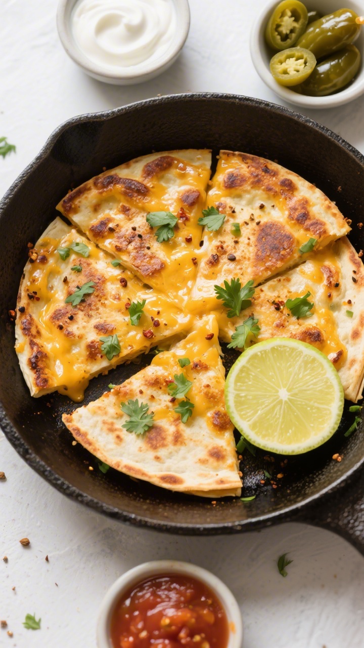 Tasty top view: Final browned quesadilla skillet after flipping in sections—golden, slightly crunc