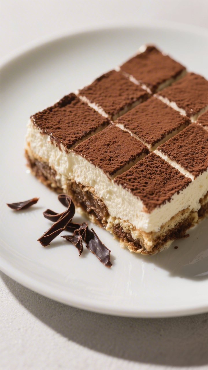 Tasty top view: Final chilled tiramisu in the dish, generously dusted with unsweetened cocoa right b