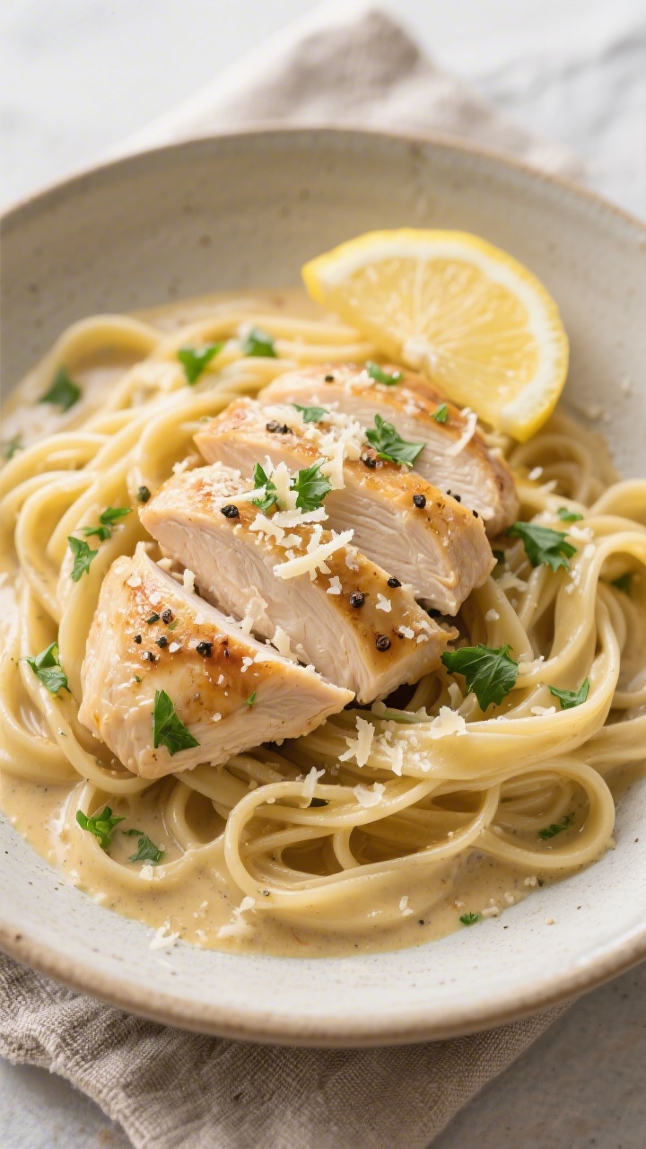 Tasty top view: Final dish served over al dente fettuccine—sliced chicken cutlets nestled in a poo