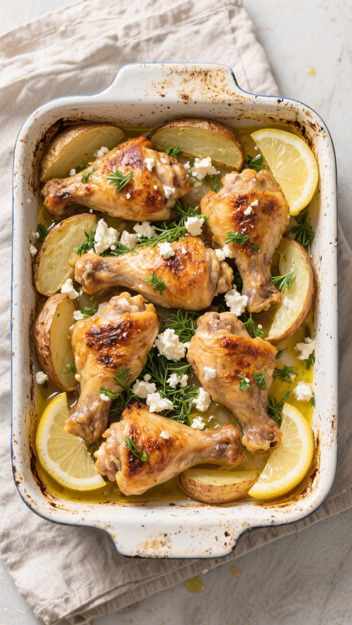 Tasty top view: Final Greek chicken and potato bake presented family-style in a rustic enamel roasti