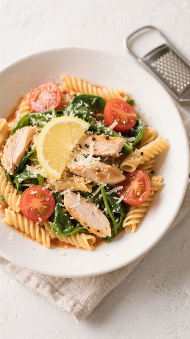 Tasty top view: Final high-protein chicken pasta (penne or rotini) in a wide, shallow white bowl; ov
