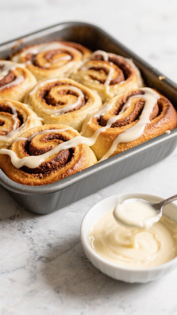 Tasty top view: Freshly baked cinnamon roll cake still in the pan, top set and lightly golden with d