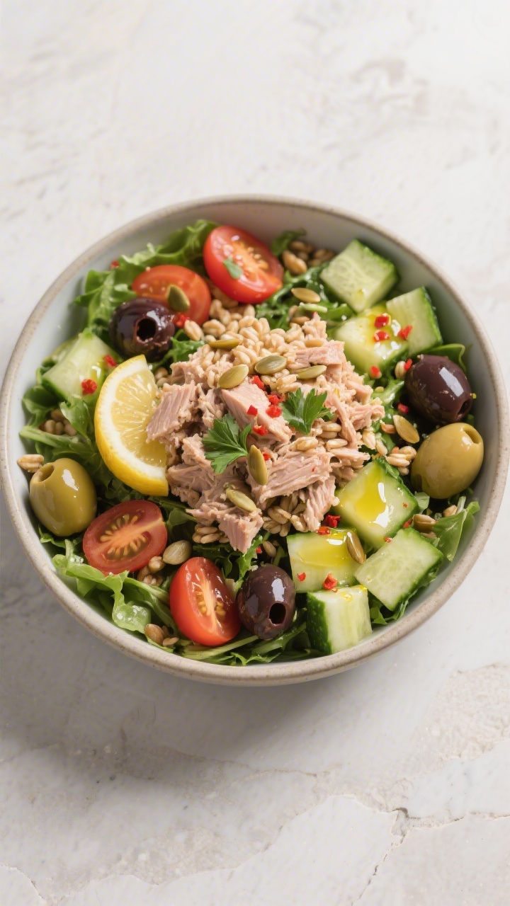 Tasty top view: Fully assembled high-protein tuna salad bowl—bed of mixed greens with a neat quadr