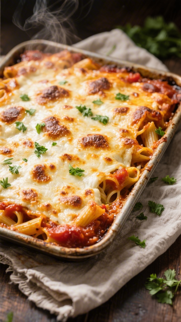Tasty top view: Fully baked pasta bake just out of the oven, overhead composition highlighting a dee